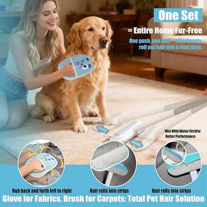 Magic Pet Hair Remover Brush Set for Dogs & Cats, 4-in-1 Hair Removal Tool, Hair Glove, Metal Hook for Furniture, Couch & Car Seats