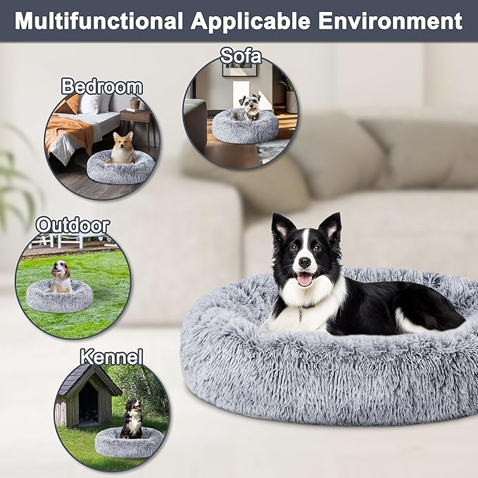 ELSKER&HOME Calming Donut Dog Bed, Washable Warming Soft Round 46 Inches for Large Dogs, Anti-Anxiety Fluffy Plush Cushion Fits up to 160 lbs Pets, Gradient Blue