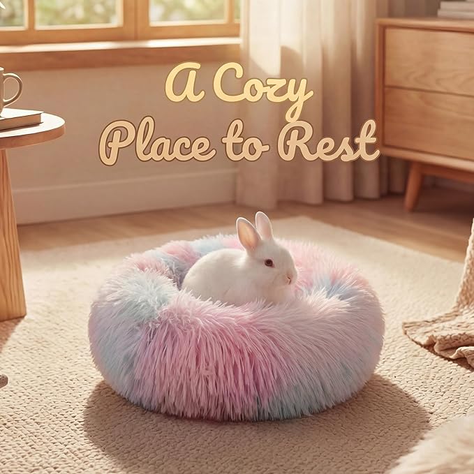 Tiny Dog Bed 11.8 Inch for Extra Small Dogs,Washable Puppy Bed,Soft Faux Fur Calming Donut Bed for Chihuahua Yorkie Maltese Pomeranian,Rainbow