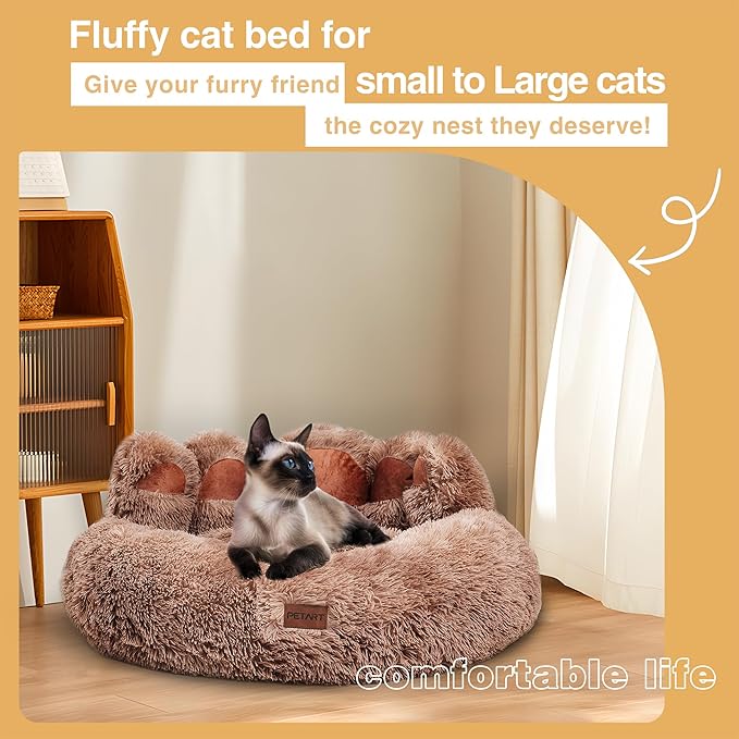 Cute Dog Bed, Fluffy Cozy Bear Paw Shape Plush Round Cat Bed for Small, Medium Dogs Large Cats, Comfortable Sleeping Puppy Cushion, Ideal for Indoor Use（Khaki,30inch