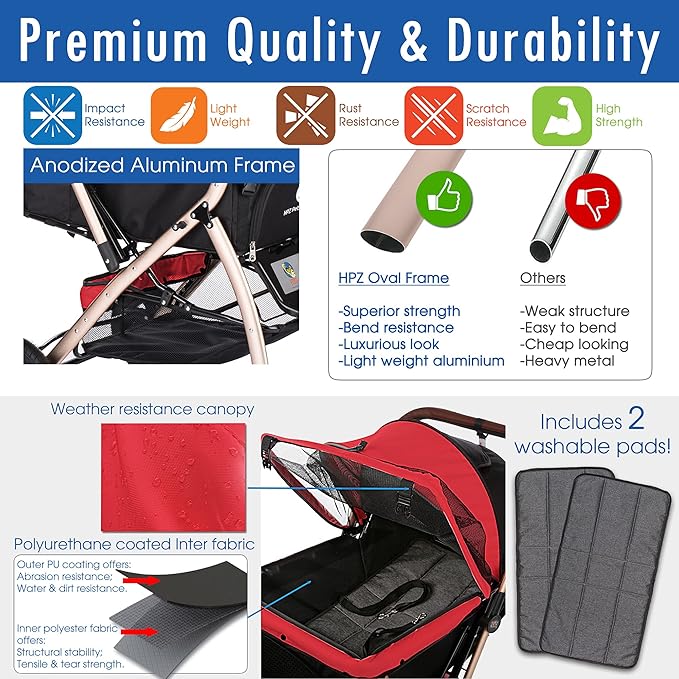 HPZ Pet Rover XL Extra-Long Premium Heavy Duty Dog/Cat/Pet Stroller Travel Carriage with Convertible Compartment/Zipperless Entry/Pump-Free Rubber Tires for Small, Medium, Large Pets (Red 2nd-Gen)