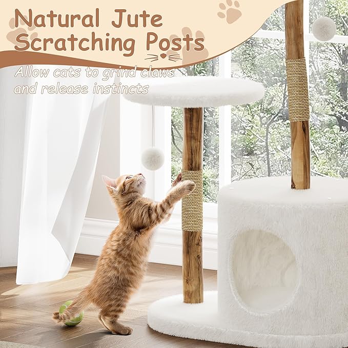 Luxury Wooden Cat Tree Tower for Large Cats41"/46" Modern Cat Condo with Natural Wood, Jute Scratching Posts, Spacious Woven Basket, Hanging Plaything Balls – Deluxe Indoor Cat Furniture, No locations