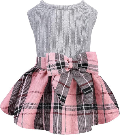 PUPTECK Classic Plaid Dog Dress Pet Apparel with Cute Bowtie Puppy Clothes Outfit,Grey,M
