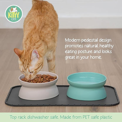 Kitty City Elevated Cat Bowls (Set of 2), Whisker-Friendly Raised Cat Food & Water Dishes, Modern Pedestal Design, Dishwasher Safe, 10.8 oz Each – Teal & Light Pink
