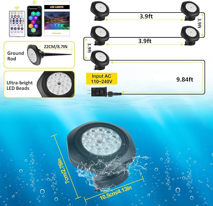 T-SUN Pond Lights LED Underwater 16M Colors with App and Remote 5 Pack | Dimmable,Timer,IP68 Waterproof Submersible Fountain Lights Led Underwater Pond Lights for Outdoor Pond Koi Aquarium Garden