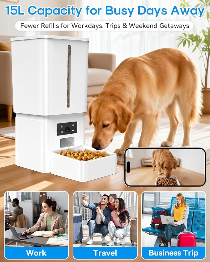 Automatic Dog Feeder Large Breed, 15L/63 Cups Auto Dog Food Dispenser | Anti-Clog Design for 2–23mm Large Kibble, 1080P HD Camera with Night Vision, 5G WiFi Smart App Control for Busy Pet Parents