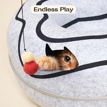 Meowfia Hideout Peekaboo Cat Cave – Donut Tunnel Bed Enclosure for Indoor Cats – Multi-Cat Hideaway in Cute Patterns (Dark Grey)