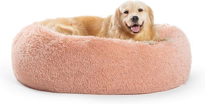 SAVFOX 36 inches Calming Donut Dog Bed - 3X Durable Plush Faux Fur, Machine Washable & Non-Slip, Fits up to 100 lbs, Pink