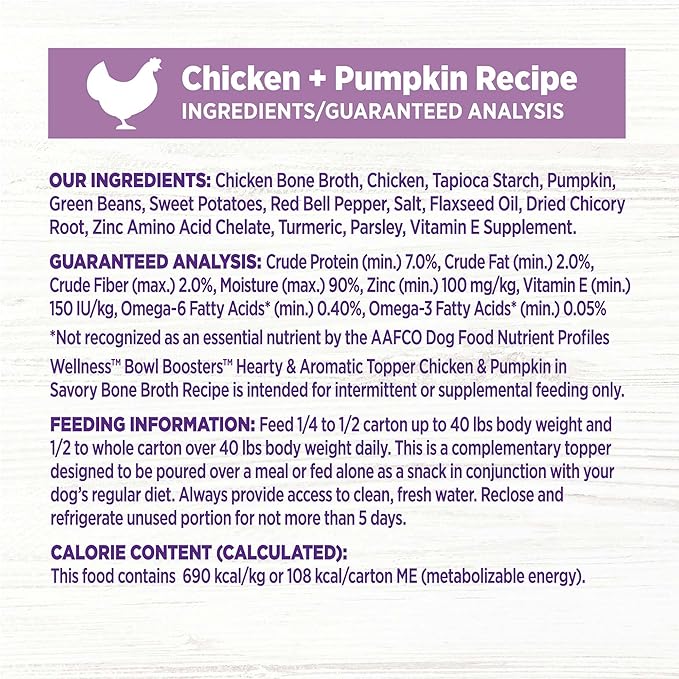 Wellness Bowl Boosters Hearty Toppers, Wet Dog Food Topper for Small, Medium, & Large Breeds, Grain Free, Natural, Chicken & Pumpkin in Broth, 5.5 Ounce Pouch (Pack of 12)