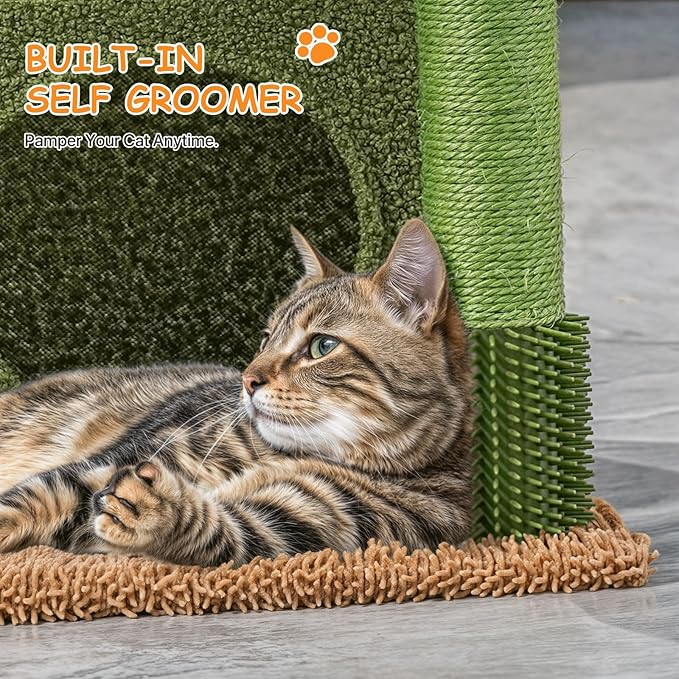 Athena Collection Small Cat Tree Tower with Scratching Post, 42 Inch Modern Cute Cat Tree Condo with Cozy Perch Basket Hanging Ball Climbing Ramp for Kittens Indoor Climbing, Green