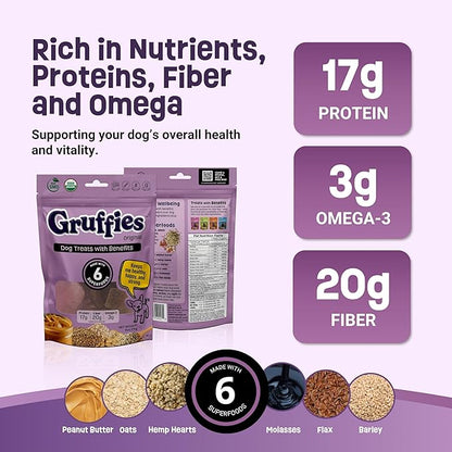 Gruffies Organic Dog Treats – Peanut Butter Flavor with Superfoods – High Protein & Omega-3 – No Fillers – Non-GMO – Vet Approved – Made in Canada – 6 oz (Pack of 6)