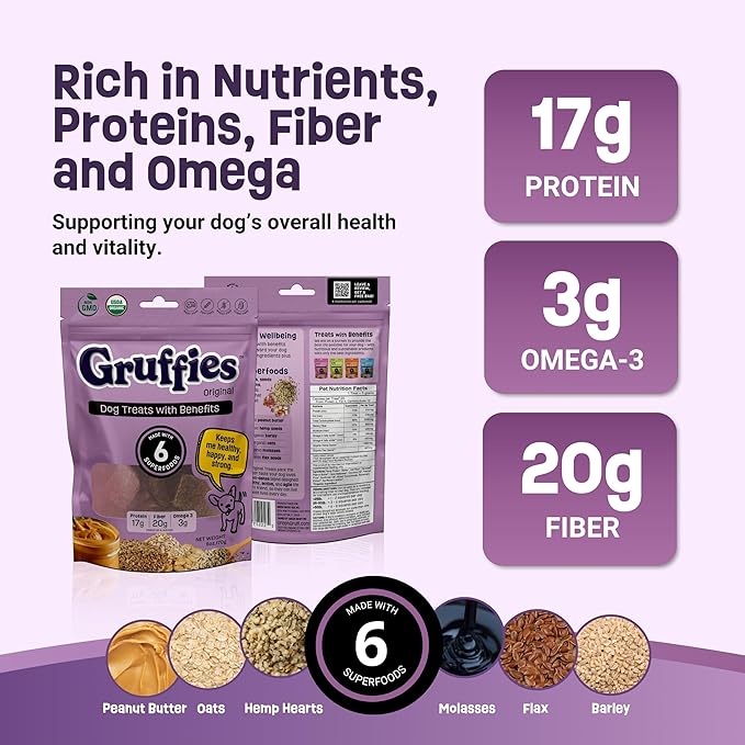Gruffies Organic Dog Treats – Peanut Butter Flavor with Superfoods – High Protein & Omega-3 – No Fillers – Non-GMO – Vet Approved – Made in Canada – 6 oz (Pack of 1)