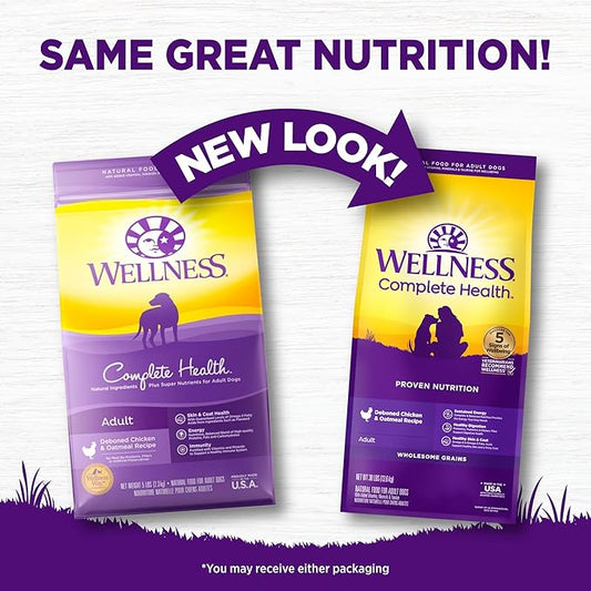 Wellness Complete Health Adult Dry Dog Food, Wholesome Grain Kibble, Natural, Chicken and Oatmeal Recipe, 30 lb Bag