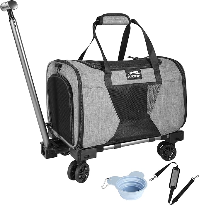 Soft Sided Cat Carrier Wheels Rolling Dog Carrier Airline Approved Pet Carrier with Wheels for Puppy and Kitten with Telescopic Handle and Trolley for Traveling Camping Vet Hiking,Grey