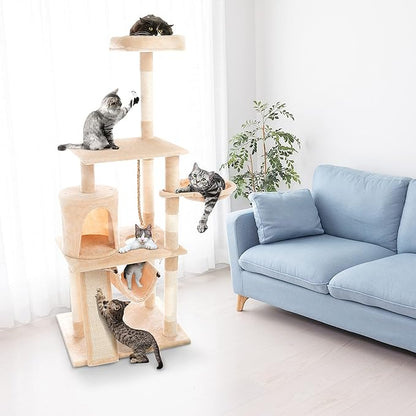 PETMAKER 4-Tier Deluxe Cat Tower - Large Scratching Board, 6 Scratch Posts, Napping Perches, Kitty Condo Hut, 2 Hammocks and Hanging Toys