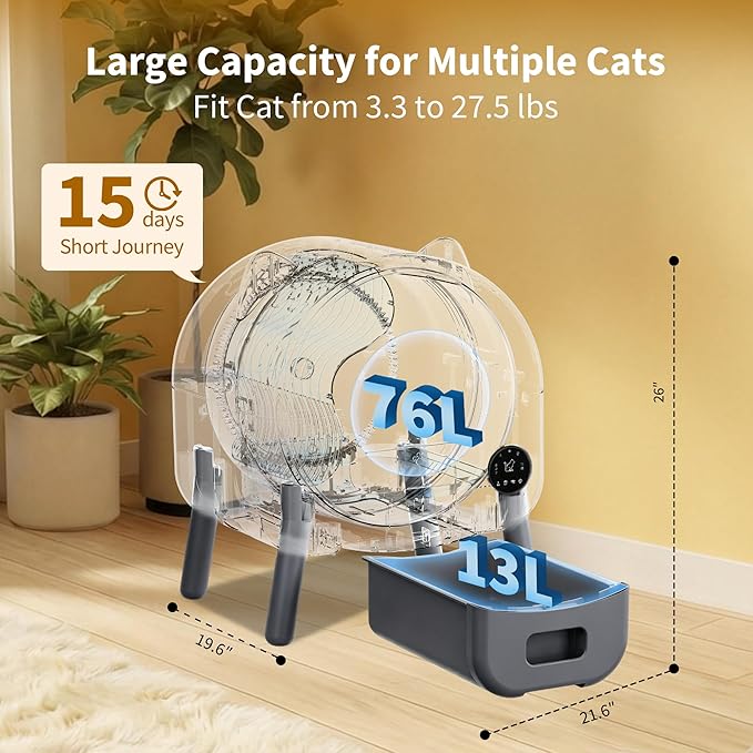 Self-Cleaning Cat Litter Box with Large Capacity and Automatic Cleaning, Smart Cat Litter Box with App Control, Automatic Litter Box Triple Safety Protection, 1 Rolls Garbage Bags, Dark Gray