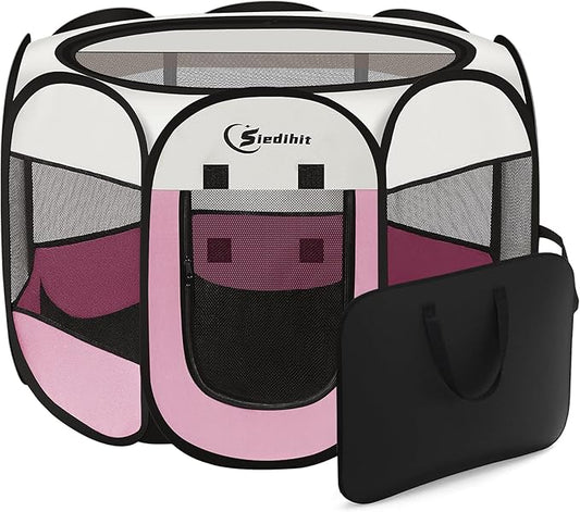 Siedihit Pink Dog Cat Playpen, Puppy Pet Playpen Indoor for Small Dog Crate Tent Cage Outdoor, Portable Pop Up Dogs Enclosure Kennel with Carrying Case for Dogs/Cats/Rabbits