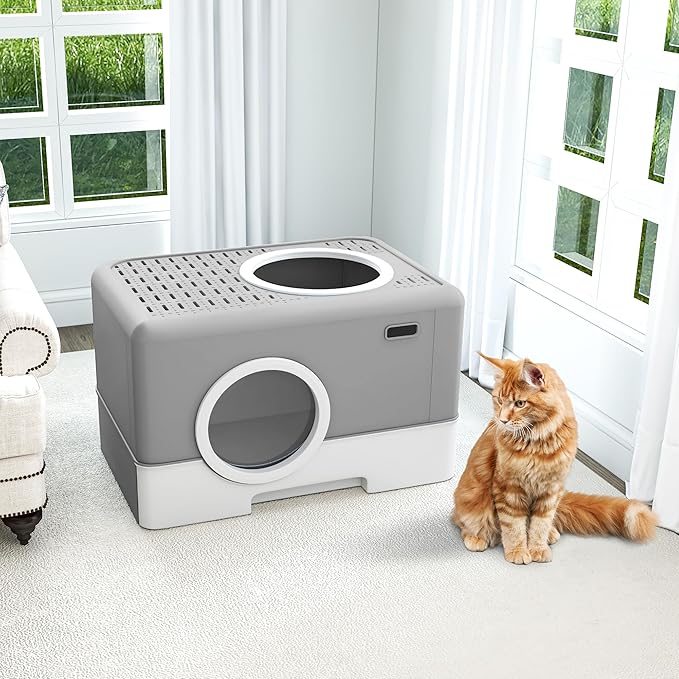 DWVO Enclosed Cat Litter Box with Two-Way Entry/Exit, Large Hooded Anti-Splash Cat Toilet with Lid, Hidden Litter Scoop - Gray