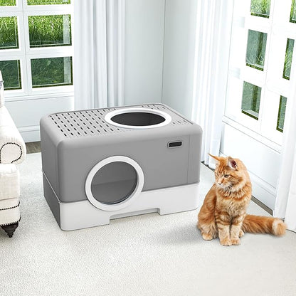 DWVO Enclosed Cat Litter Box with Two-Way Entry/Exit, Large Hooded Anti-Splash Cat Toilet with Lid, Hidden Litter Scoop - Gray