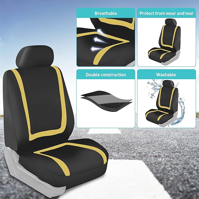 FH Group Car Seat Covers Front Set in Cloth for Low Back Car Seats with Removable Headrest, Universal Fit, Automotive Washable for SUV, Sedan, Van Yellow