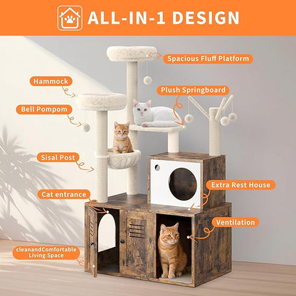 Furniture Style Cat Tree Tower & Hidden Litter Box Cabinet Combo – Multi-Level Cat House with Sisal Scratching Posts, Perch & Luxury Hammock