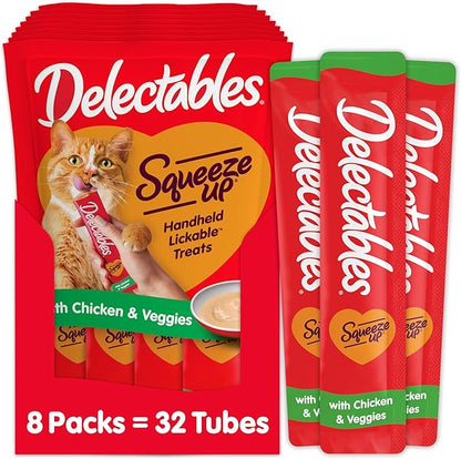 Delectables Squeeze Up Creamy Squeezable Puree, Lickable Wet Cat Treats, Grain Free, No Added Fillers, No By-Products, No Added Preservatives, 0.5 Ounces Chicken & Veggies, 32 Tubes Total