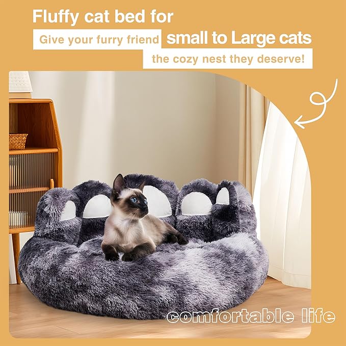 Cute Dog Bed, Fluffy Cozy Bear Paw Shape Plush Round Cat Bed for Small, Medium Dogs & Large Cats,Comfortable Sleeping Puppy Cushion, Ideal for Indoor Use（Black&Gray,26inch