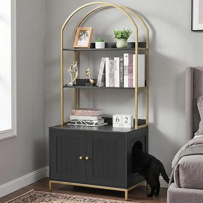 Homhedy Cat Litter Box Enclosure, Litter Box Furniture Hidden with 2-Tier Storage Shelves, Wooden Cat Washroom Furniture with Metal Frame, Modern Style, Black and Gold