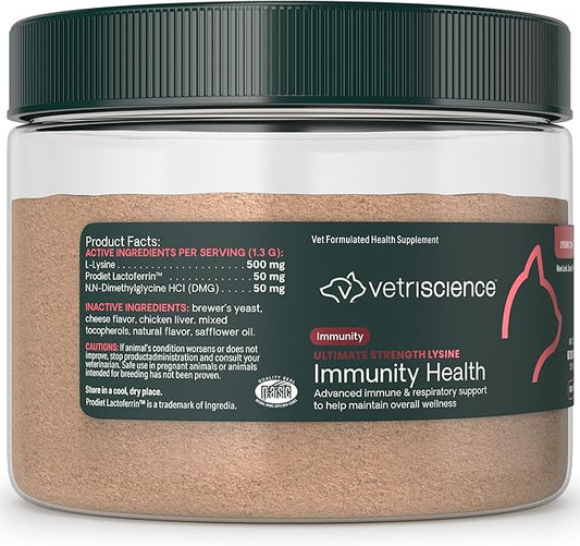VetriScience Ultimate Strength Lysine Immunity Health Powder for Cats & Kittens, Supplement for Allergy & Nasal Support, Sneezing, Runny Nose & Watery Eyes, Chicken & Cheese Flavor, 60 Count -New Look