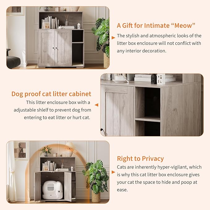 Garvee Dog-Proof Large Cat Litter Box Enclosure with Scratch Pad, Large Automatic Litter Box Furniture for Placing Self-Cleaning Litter Box,Litter Cabinet with Outlet,Space for Cat Stuffs