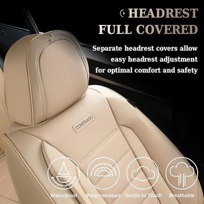 Coverado Car Seat Covers Front Seats, Car Seat Cover Beige, Car Seat Protector, Car Seat Cushion Nappa Leather, 2-Pack Waterproof Seat Covers Carseat Cover Universal Fit for Most Cars Trucks