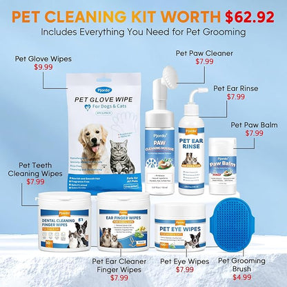 Pjordo Dog Wipes Cleaning Deodorizing, Grooming Wipes & Paw Cleaner, Pet Cleaning Kit for Teeth, Ears, Eyes, Paw, Body, Ear Rinse, Essential Dog Supplies Set