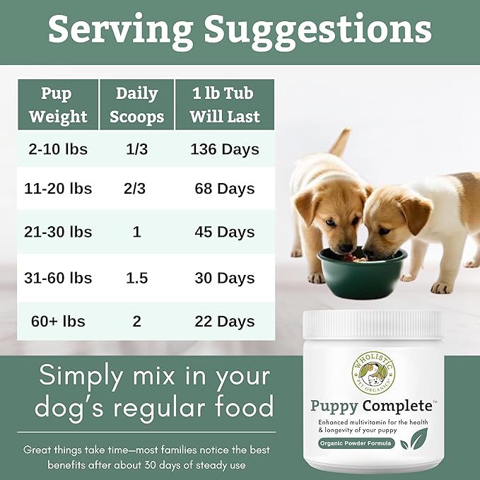 Wholistic Pet Organics Puppy Complete - Dog Multivitamin Powder - Daily Dog Vitamins and Supplements for Homemade Food - Immune System, Skin, Coat & Overall Health - All Breeds of Puppies - 45 Scoops