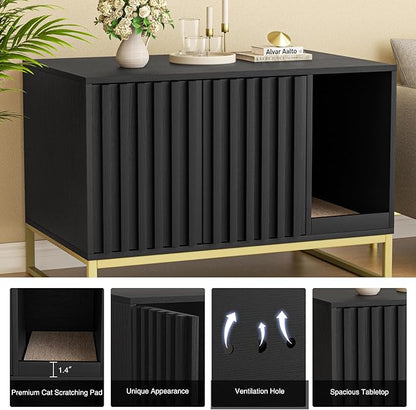 Halitaa Litter Box Enclosure, Modern Cat Litter Box Furniture Hidden Litter Box with Scratch Pad, Cat Washroom House End Table, Entryway Bench for Livingroom (Black)