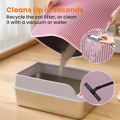 Cat Litter Mat, 24x18 Inches Large Double Layer Honeycomb Cat Litter Trapping Mat, Non Slip Waterproof Urine Proof Cat Litter Box Mat for Floor, Kitty Litter Rug, Cat Supplies, Pink
