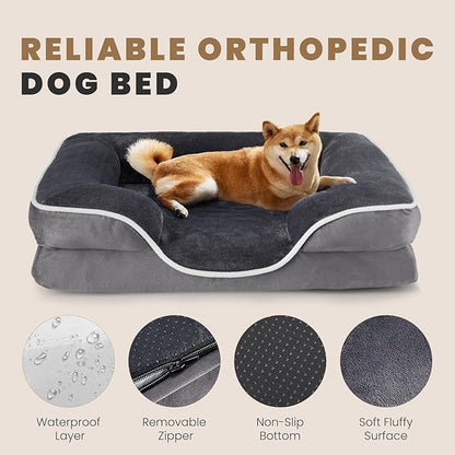 DUMOS 35x25 Inch Orthopedic Dog Beds for Large Sized Dogs, Machine Washable Cover Pet Bed, Anti-Slip Waterproof Memory Foam Couch Bed for Indoor Dogs and Cats, Grey