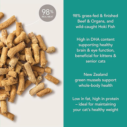 Feline Natural High Protein Dry Cat Food, Freeze-Dried Diet with 98% Meat, Organs & Seafood, No Peas, Grains, or Artificial Additives, Made in New Zealand Beef & Hoki, 3.5oz
