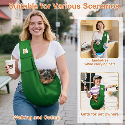 Tomkas Small Dog Sling Carrier - Zipper Pocket & Adjustable Strap & Zip Pocket - for 3-10 lbs Pets(Emerald Green)
