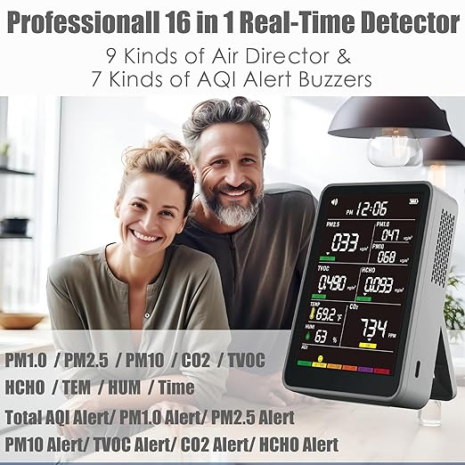 Professional Indoor Air Quality Monitor with AQI Alerts, Portable Real-Time Detector for Home, Car, Plants & Pet