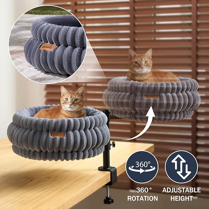 Cat Desk Bed, Desk-Mounted Cat's Perch with 360° Rotation & Adjustable Height, Supports Up to 40LBS, Desktop/Flat Surface Use, Cozy Elevated Kitten Hammock/Nest for Indoor Cats & Home Office