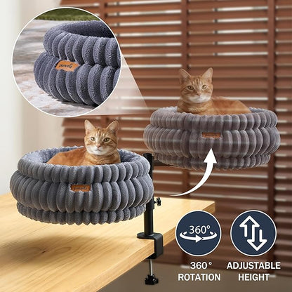 Cat Desk Bed, Desk-Mounted Cat's Perch with 360° Rotation & Adjustable Height, Supports Up to 40LBS, Desktop/Flat Surface Use, Cozy Elevated Kitten Hammock/Nest for Indoor Cats & Home Office