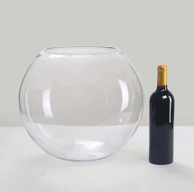 CYS EXCEL Large Glass Bubble Bowl (H-13.5" W-15.25", Approx. 9 Gal.) Round Bowl Terrarium Globe Flower Vase Centerpiece for Weddings Events Arrangements