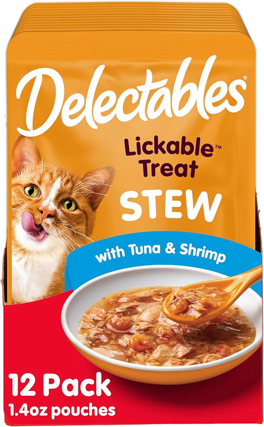 Delectables Lickable Treat Stew Wet Cat Treat with Real Tuna & Shrimp, Food Topper, Hydrating, Grain-Free, No Fillers, No By-Products, No Added Preservatives, 1.4oz Pouch, 12ct