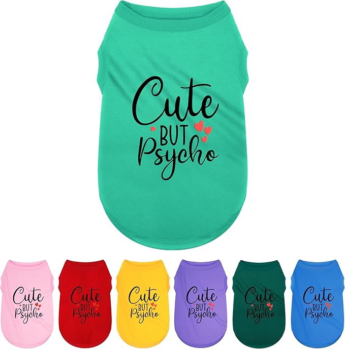 Expressive Polyester Dog Shirt Clothes: Ultra-Soft, Lightweight Puppy Shirt for Small & Medium Dogs – Features Playful 'Cute but Psycho' Slogan Print, Turquoise L