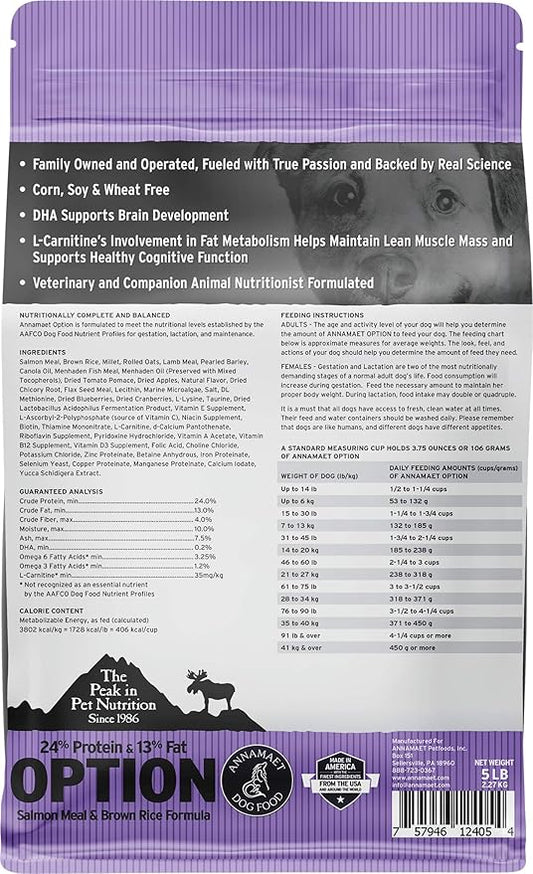 Annamaet Original Option Formula Dry Dog Food, 24% Protein (Salmon & Brown Rice), 5-lb Bag