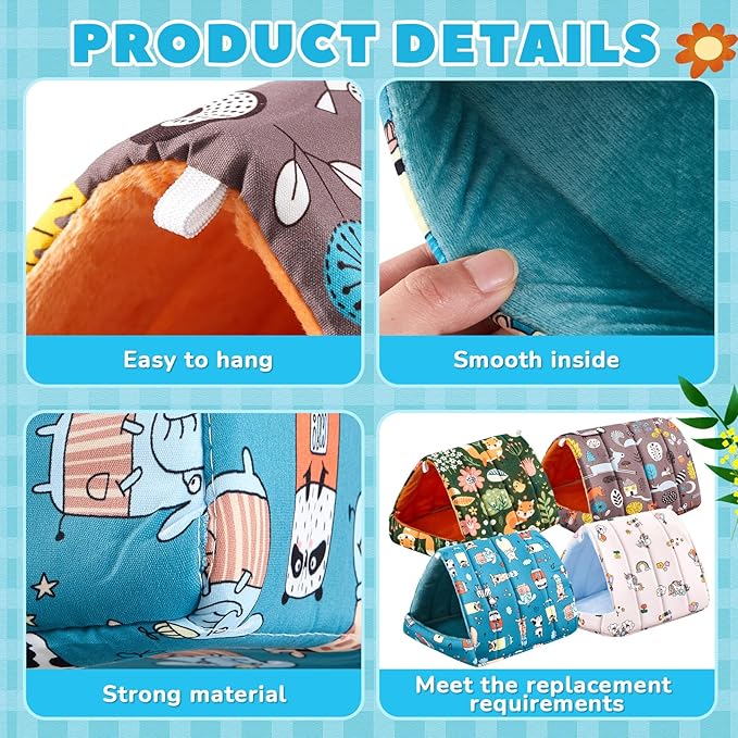 Product details of a soft toy with various features highlighted on a blue background.