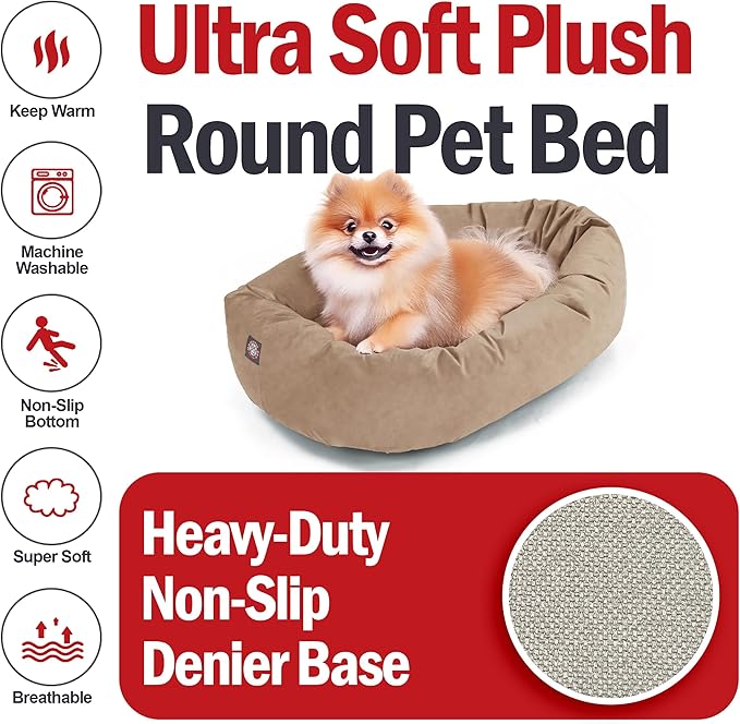Majestic Pet Suede Shredded Memory Foam Mix Calming Dog Bed Washable - Cozy Soft Round Dog Bed with Spine for Head Support - Fluffy Donut Dog Bed, 24 Inch, Stone