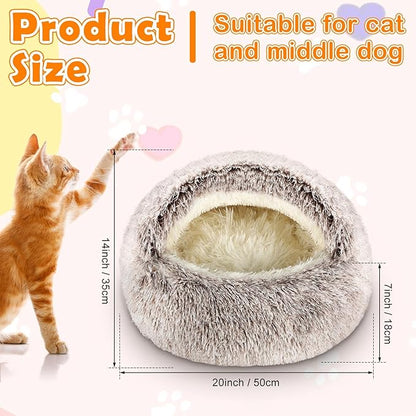 Cinnvoice 2 Pcs Self Warming Cat Beds with Hood, Self Heating Dog Cave Bed, Fluffy Round Covered Pet Pad, Plush Hooded Pet Beds with Non-Slip Bottom for Indoor Cat or Small Middle Dog(Coffee,20 in)