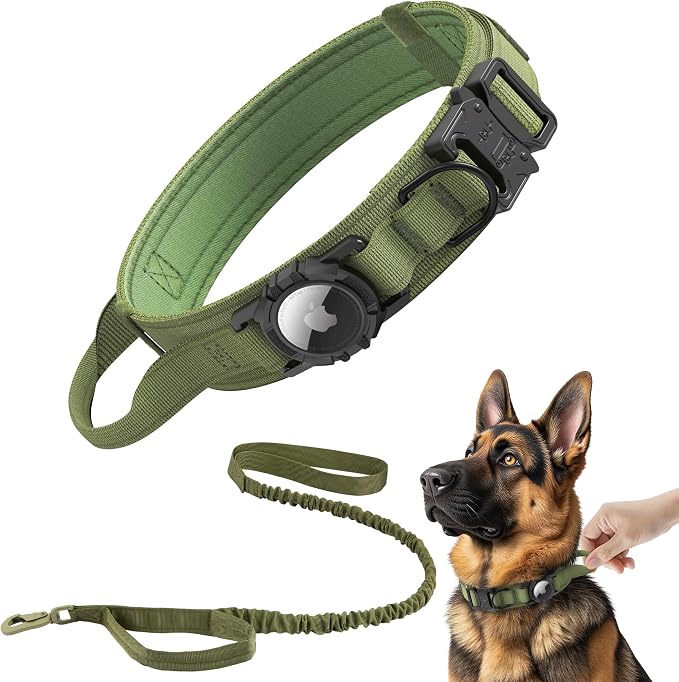 Tactical AirTag Dog Collar Leash Set - Heavy Duty, Adjustable GPS Collar | Compatible with Apple AirTag, with Holder & Control Handle for Medium/Large Dogs [Green, XL]