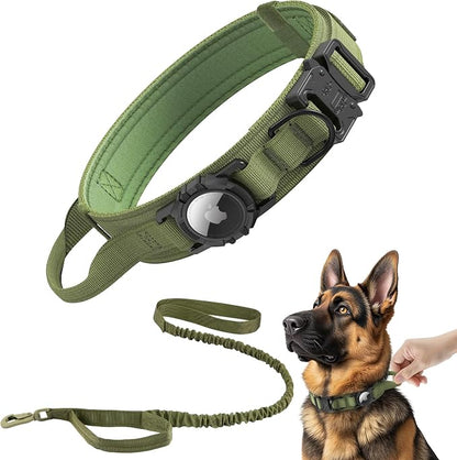Tactical AirTag Dog Collar Leash Set - Heavy Duty, Adjustable GPS Collar | Compatible with Apple AirTag, with Holder & Control Handle for Medium/Large Dogs [Green, XL]